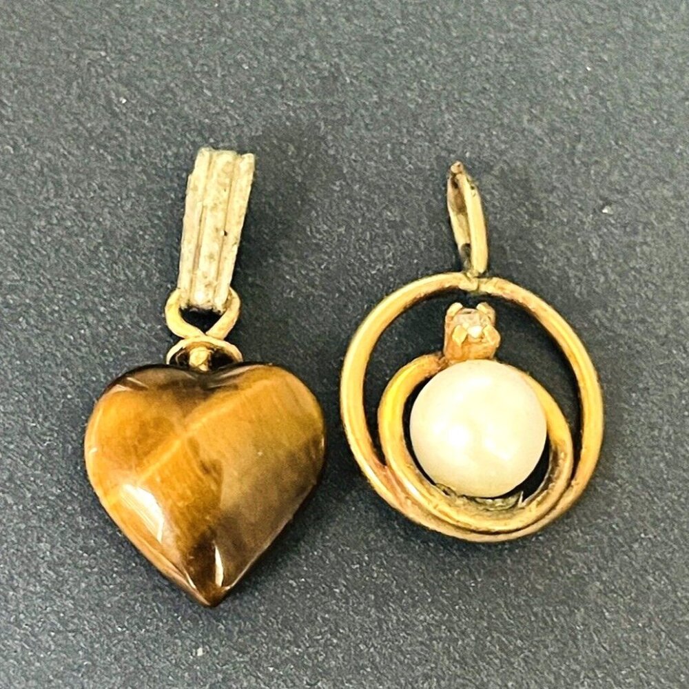 Vintage Tigers Eye Heart Pendant Gold Tone Faux Pearl Charm Lot of 2